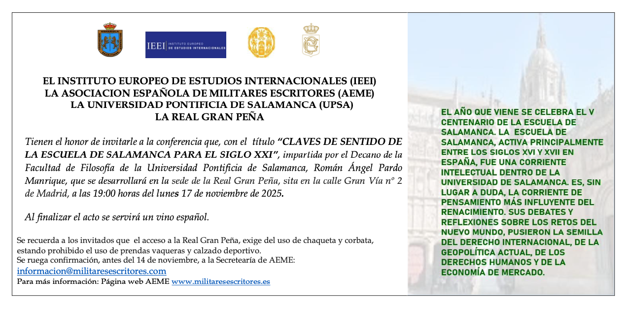 Invitación a la conferencia “CLAVES DE SENTIDO DE LA ESCUELA DE SALAMANCA PARA EL SIGLO XXI” impartida por el Decano de la Facultad de Filosofía de la Universidad Pontificia de Salamanca, Román Ángel Pardo Manrique