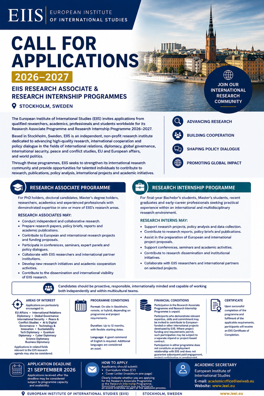CALL FOR APPLICATIONS – 2026–2027 – EIIS RESEARCH ASSOCIATE & RESEARCH INTERNSHIP PROGRAMMES